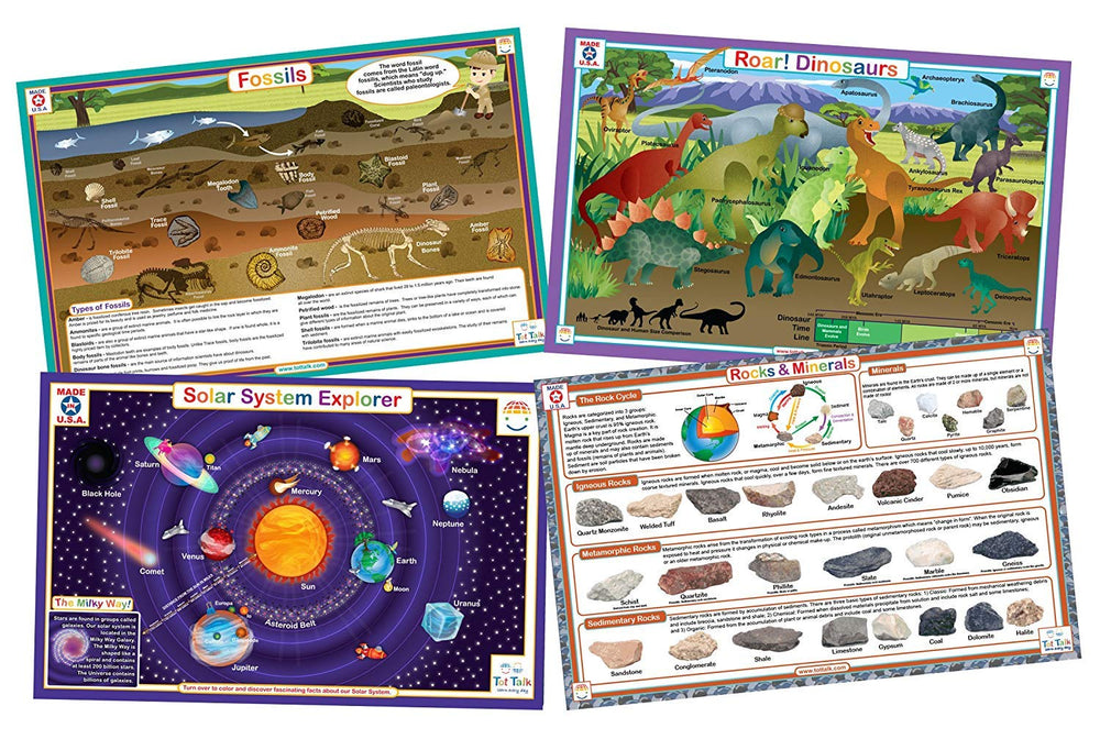 Tot Talk Science Explorer dinosaurs double-sided mats inspire interactive learning at meals.