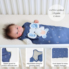 Toucan Baby sleep sack detail highlighting the two-way zipper for quick changes.