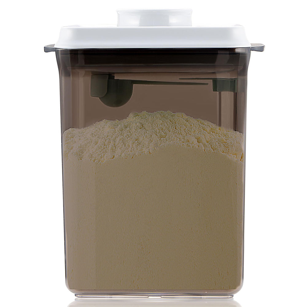 Tourdeus Formula Container to Go with lid open for quick one-handed access.