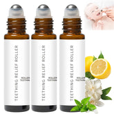 Traboto Velaria teething roller packaging in a glass bottle offers a plastic-free, premium application.