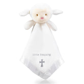 TRANQUIL KIDDO lamb lovey close-up embroidery showing cross detail for comforting snuggles
