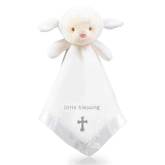 TRANQUIL KIDDO lamb lovey close-up embroidery showing cross detail for comforting snuggles