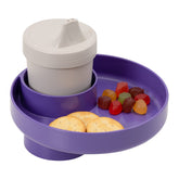 Travel Tray Round Purple in-car cupholder shows mess-reduction during car trips