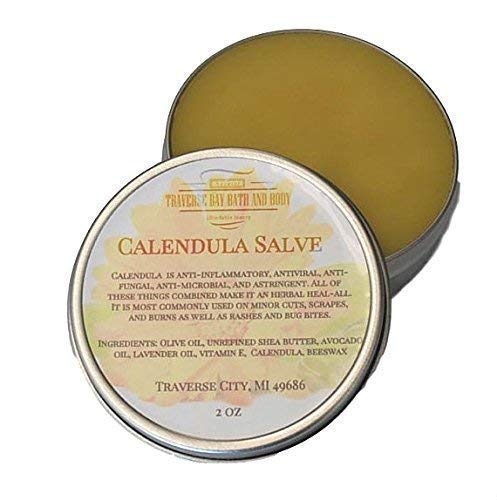 Traverse Bay Calendula Salve 2 oz tin with lavender soothes dry skin and minor irritations.
