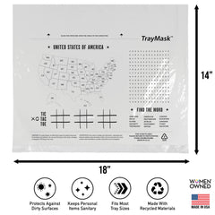 TrayMask 18x14-inch tray cover placed on a plane tray to shield surfaces.