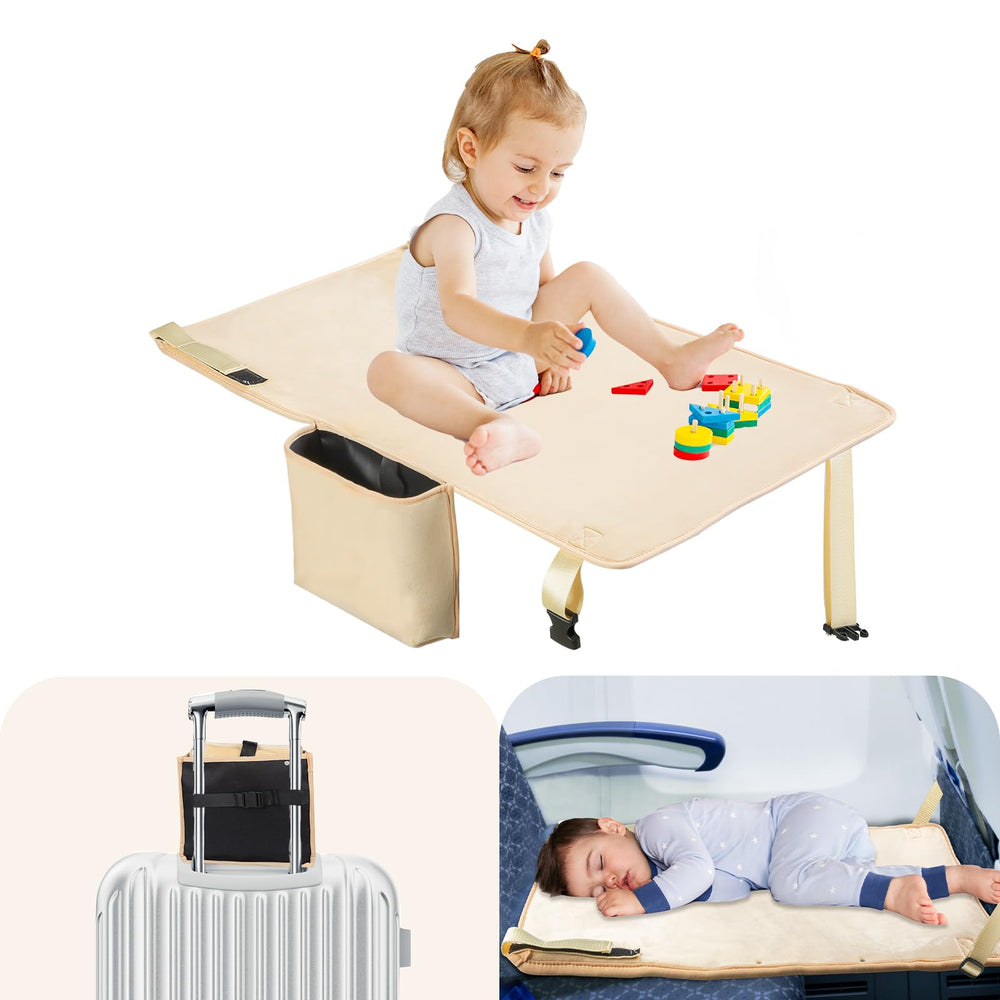 TrekBabe folded beige toddler airplane bed ready for travel