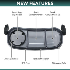 TRENDHUB Snack Tray installs onto the stroller bumper bar in seconds.