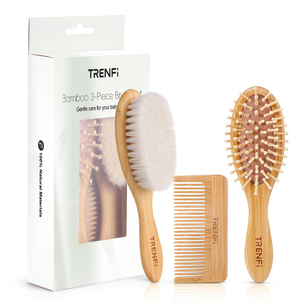 TRENFI bamboo baby hair brush close-up with soft goat bristles for gentle detangling
