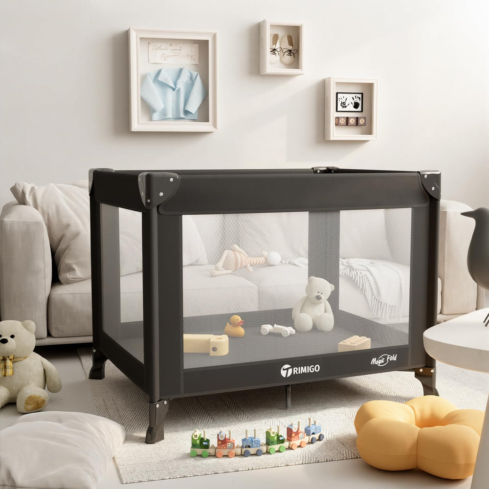 Trimigo portable travel crib assembled in nursery for safe sleep.