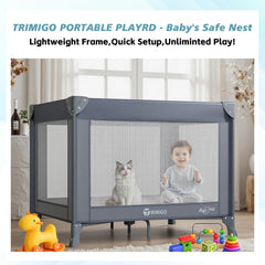 Trimigo travel crib with breathable mesh sides for airflow and monitoring.