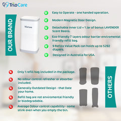 TrioCare magnetic door with inner bag cutter enables easy one-handed changes.