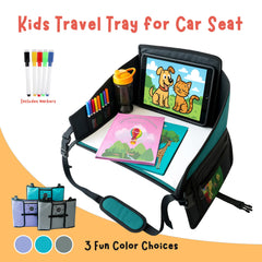 Triple EEE Adventures Kids Travel Tray gray with tablet holder attached for hands-free viewing