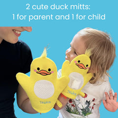 TruKid BubbleGlove hand puppet duck image aids toddler engagement during bath.