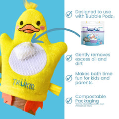 TruKid BubbleGlove soap-pocket highlights BubblePodz compatibility for mess-free bathing.