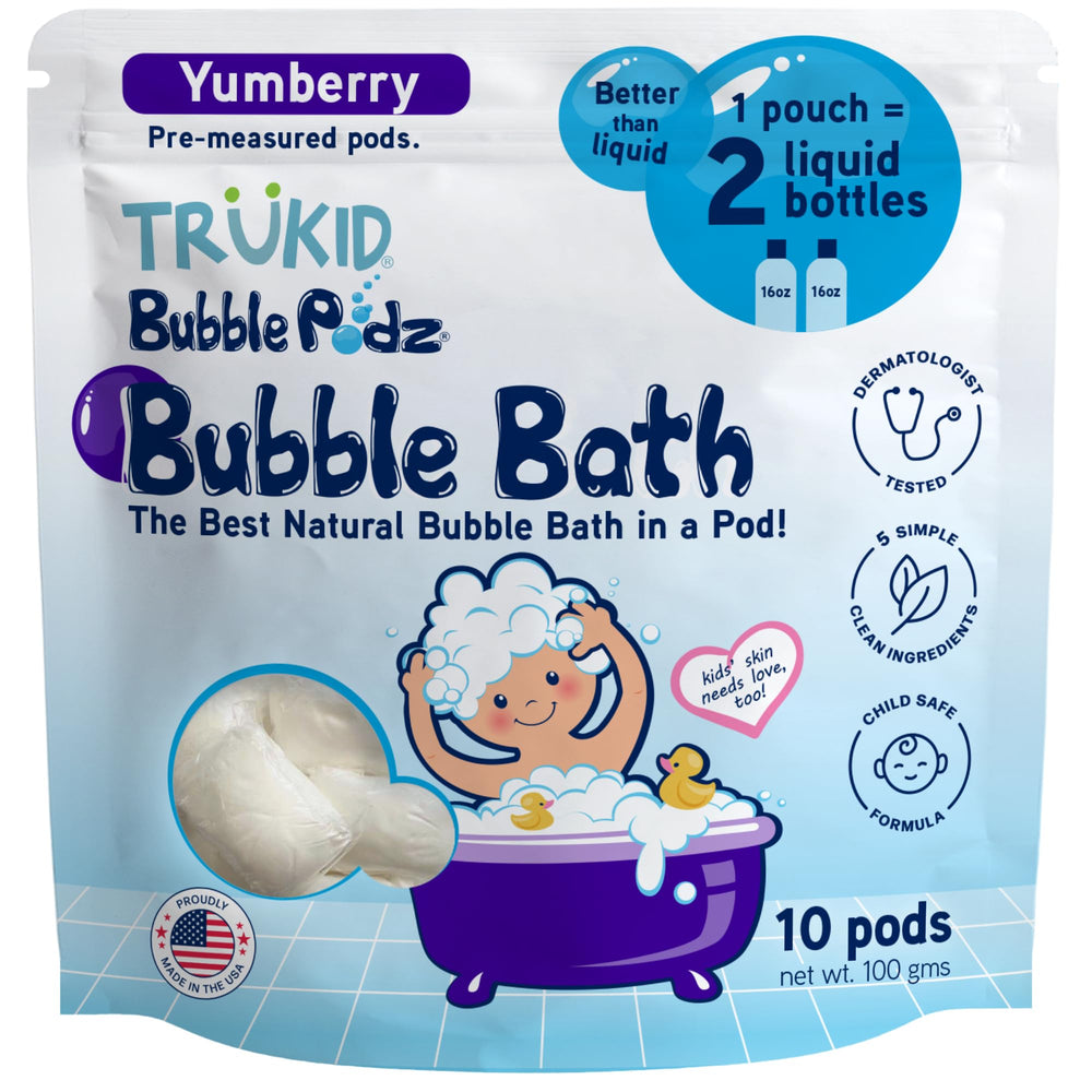 TruKid Bubble Podz dissolving pod creating gentle bubbles for kids.