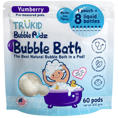 TruKid Bubble Podz dissolving pod creates lasting bubbles for bath time.