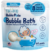 TruKid Bubble Podz pack shot shows mess-free, single-use pods for bath time.