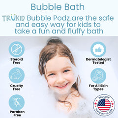 TruKid Bubble Podz delivers rich tub lather during playtime.