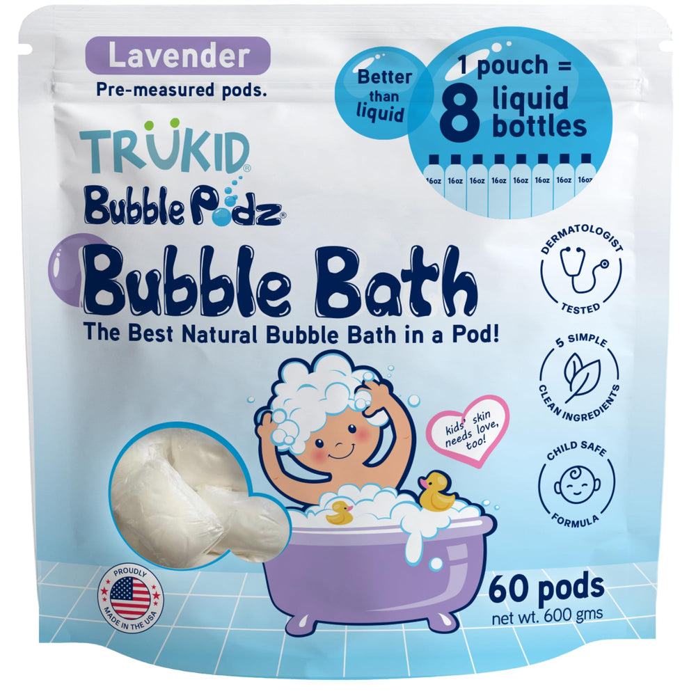 TruKid Bubble Podz tub foam closeup showing gentle, bubbly bath time fun