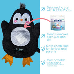 TruKid BubbleGlove penguin hand puppet design adds playful bath time engagement.
