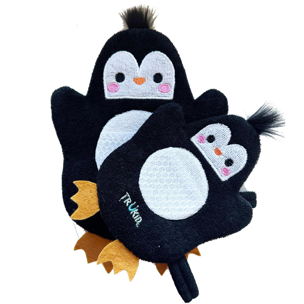 TruKid BubbleGlove two-pack featuring penguin family for fun bath time and gentle cleansing.