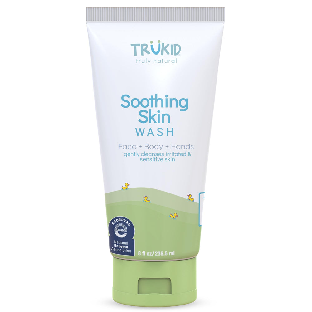 TruKid Kids Body Wash bottle closeup showing unscented, gentle formula for sensitive skin.
