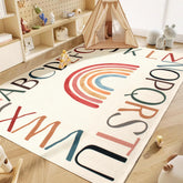 Truqual nursery round rainbow rug overview shows soft, safe play surface.