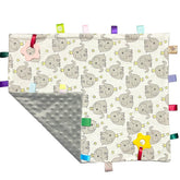 TRYTUTRY big-tags-blanket-gray-elephant closeup shows soft velvet and colorful textures for sensory play
