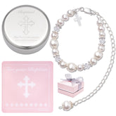 Tryuunion baptism bracelet closeup showcases cultured pearls for a cherished baptism keepsake.