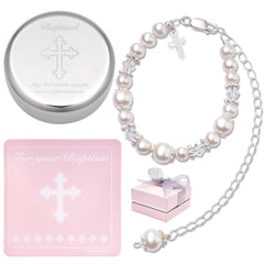 Tryuunion baptism bracelet closeup showcases cultured pearls for a cherished baptism keepsake.