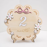 TTMerriwood baby monthly sign with floral design and pink bows for milestone portraits