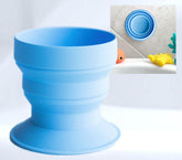 Tubby Cup collapsible bath rinse cup demonstrates space-saving design for tub.