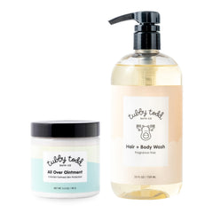 Tubby Todd Baby Body Wash bottle demonstrates fragrance-free, gentle cleansing for newborn skin.