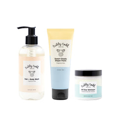 Tubby Todd Hair + Body Wash bottle demonstrates gentle cleansing for newborn skin.