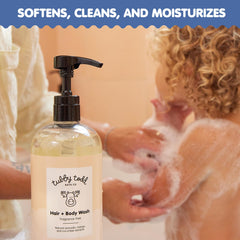 Tubby Todd Hair + Body Wash back label highlights non-toxic, fragrance-free formula.