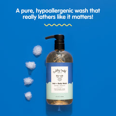 Tubby Todd Hair + Body Wash label closeup shows gluten-free and SLS/SLES-free notes.