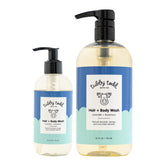 Tubby Todd Hair and Body Wash lavender-rosemary bottle demonstrates gentle cleansing for delicate baby skin.