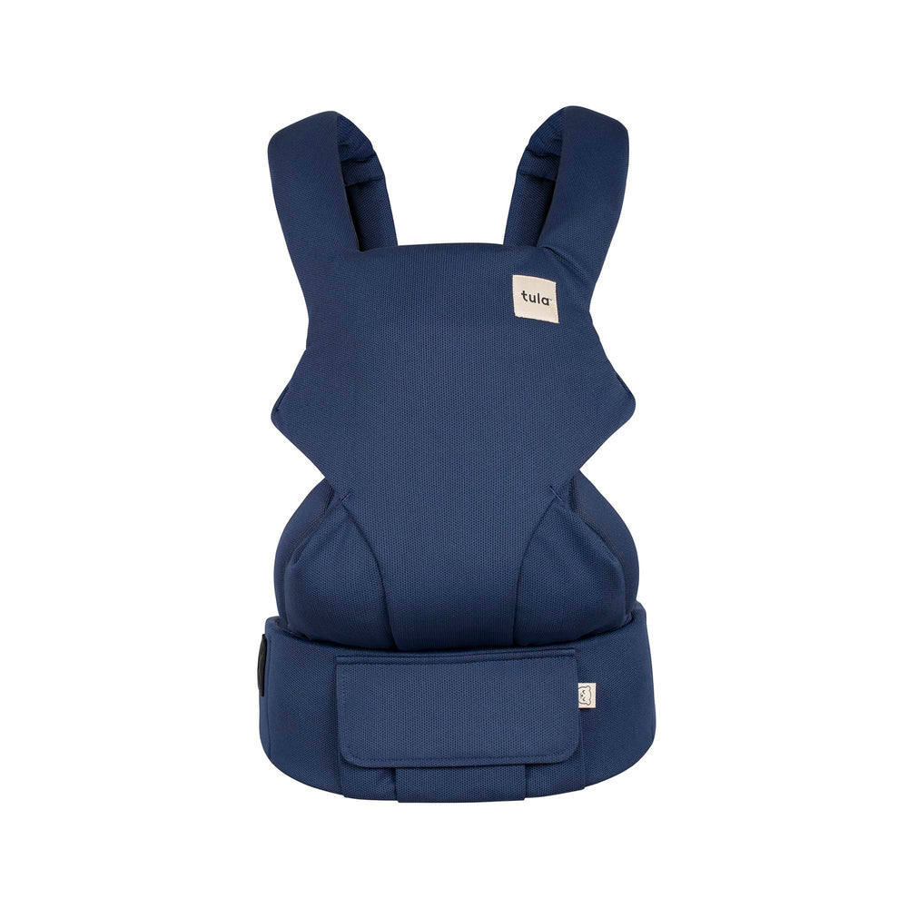 Tula Explore carrier front view Indigo mesh for breathable on-the-go comfort.