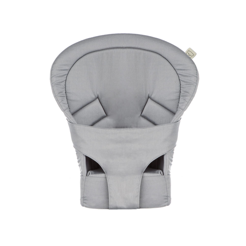 Tula infant insert gray shows newborn head support in a front carry setup for secure positioning