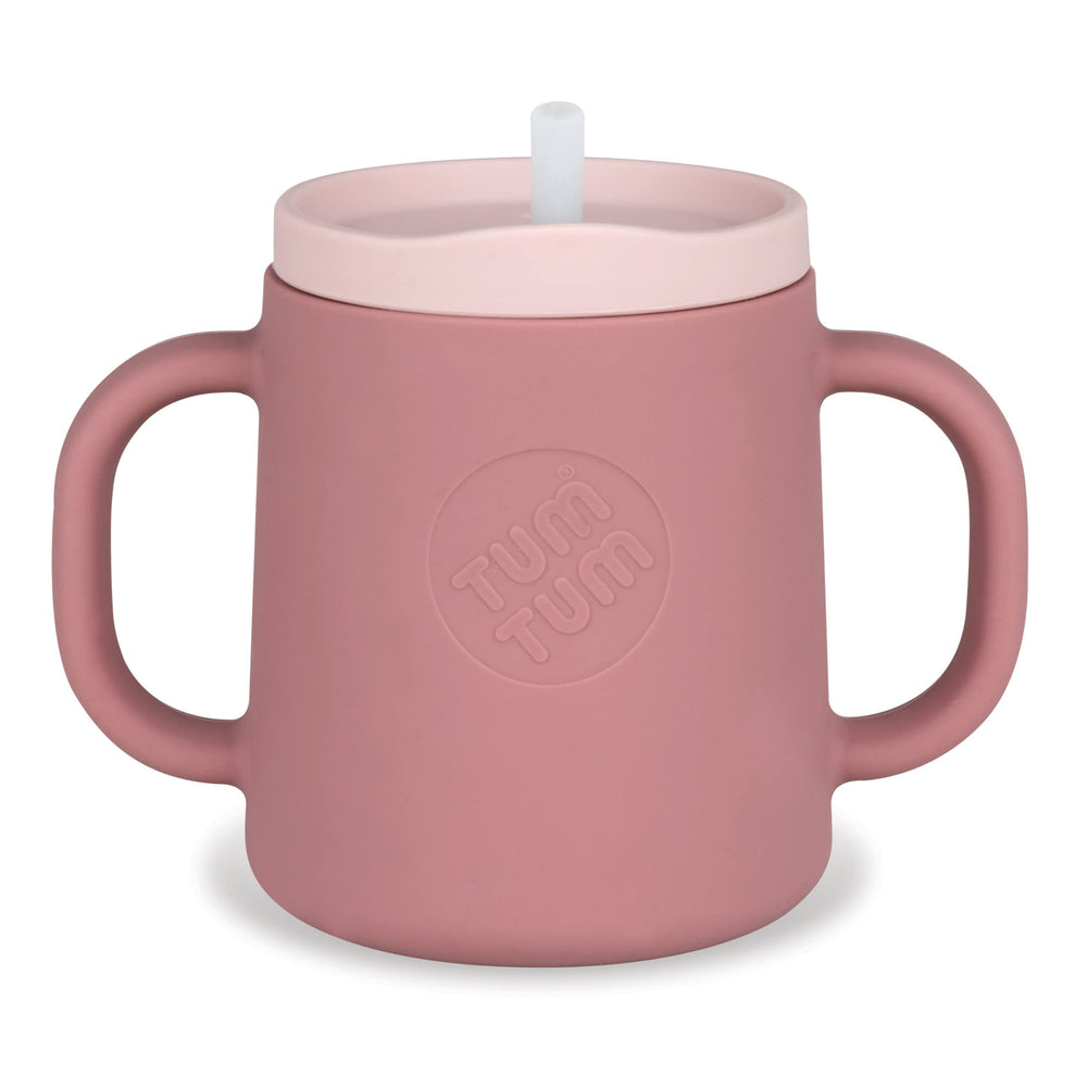 TUM TUM pink 3-way trainer cup front view with stable base for mess-free feeding.
