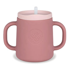 TUM TUM pink 3-way trainer cup front view with stable base for mess-free feeding.