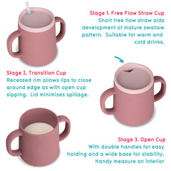 TUM TUM pink cup with handles for easy grip and self-feeding practice.