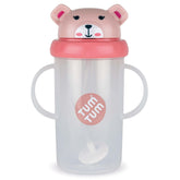 TUM TUM Betsy Bear free-flow sippy cup with lid open for mess-free sipping on the go.