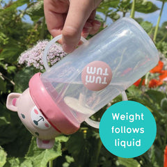 TUM TUM Betsy Bear sippy cup features a clear side measure to track intake.