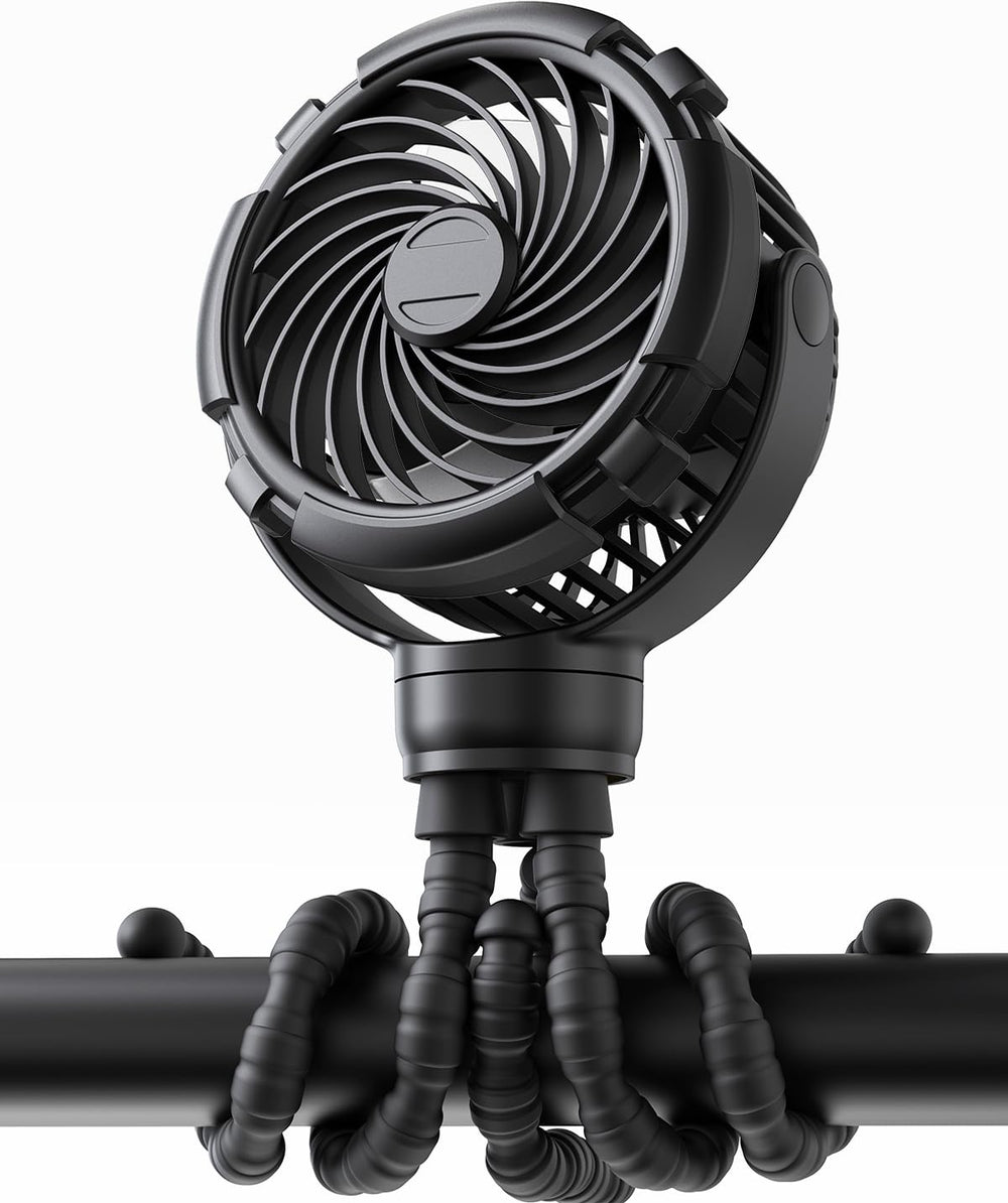 TUNISE stroller fan mounted on a stroller for on-the-go cooling