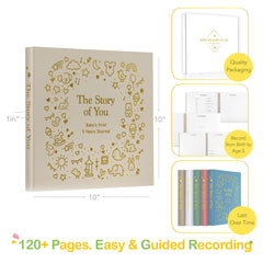 Tutu and Sian memory book interior pages with milestone prompts from ultrasound to age five