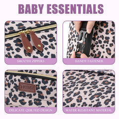 Tuwubi diaper bag tote leopard print showcases durable, waterproof fabric for rainy-day outings.