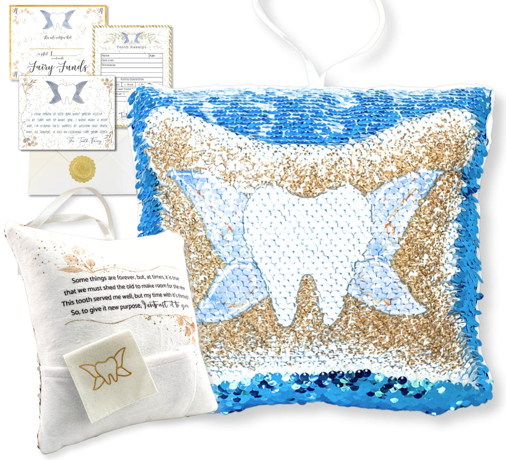 Twenty Moments of Tooth pillow with blue sequins for magical tooth fairy rituals.