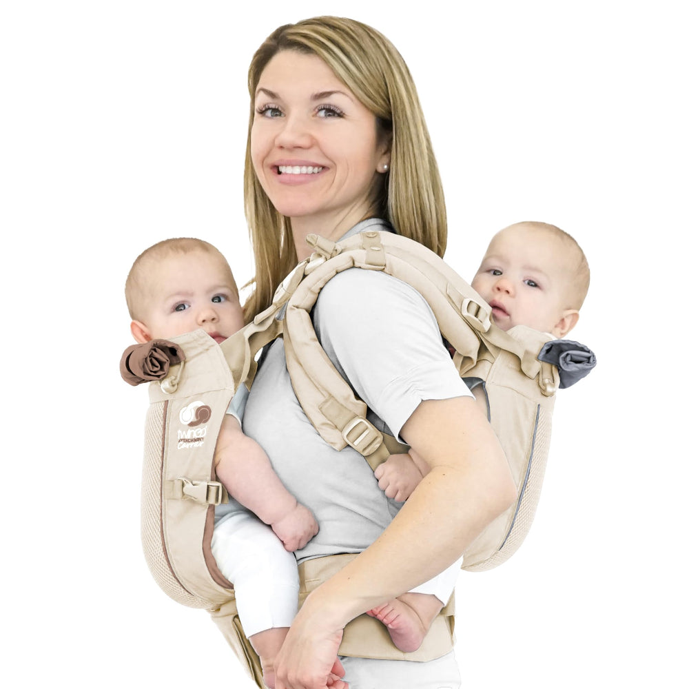 TwinGo Air Model tandem carry shows two babies securely in one harness.