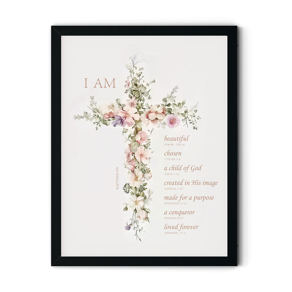 TwoDays floral cross wall art 8x10 in black frame for baptism keepsake